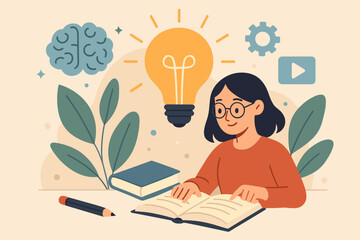 Creative self learning and education concept. Girl reading book, light bulb idea, brain, knowledge, innovation, studying, online learning, inspiration, academic growth, study skills