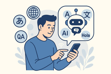 Man using AI chatbot on smartphone for language translation, multilingual support, global communication, artificial intelligence, speech recognition, mobile technology concept