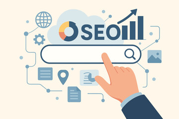 Fototapeta premium Search Engine Optimization SEO Concept with Hand Touching Search Bar, Data Analysis, Internet Connection, Web Ranking, Digital Marketing, Online Network, Website Traffic Growth