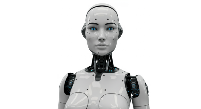 A humanoid robot with a white body and visible mechanical components looks directly at the viewer.