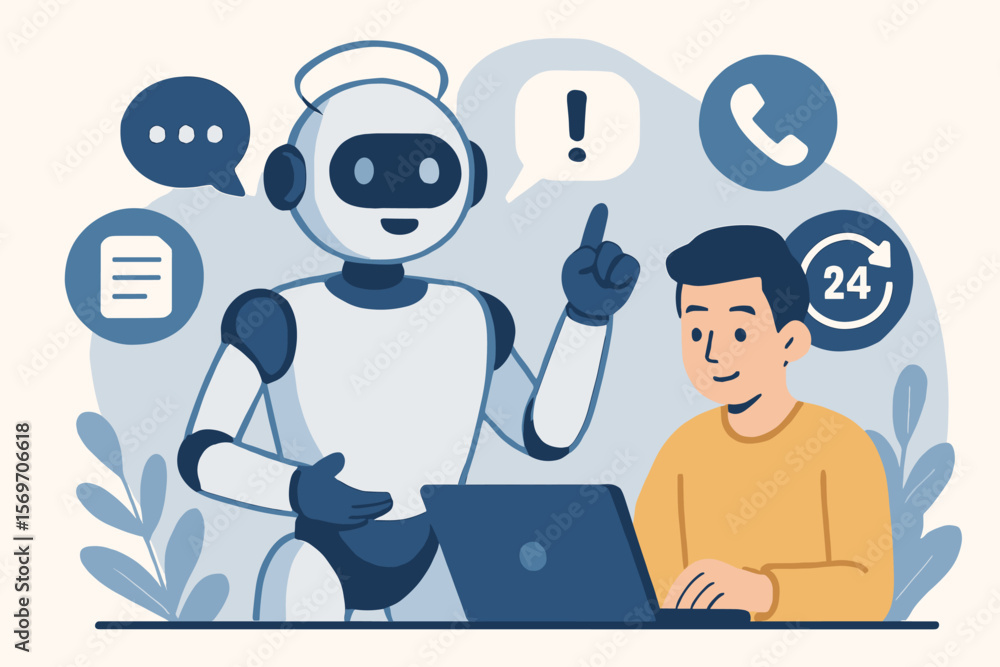 Poster artificial intelligence chatbot robot assisting user with online customer support, 24/7 virtual assi