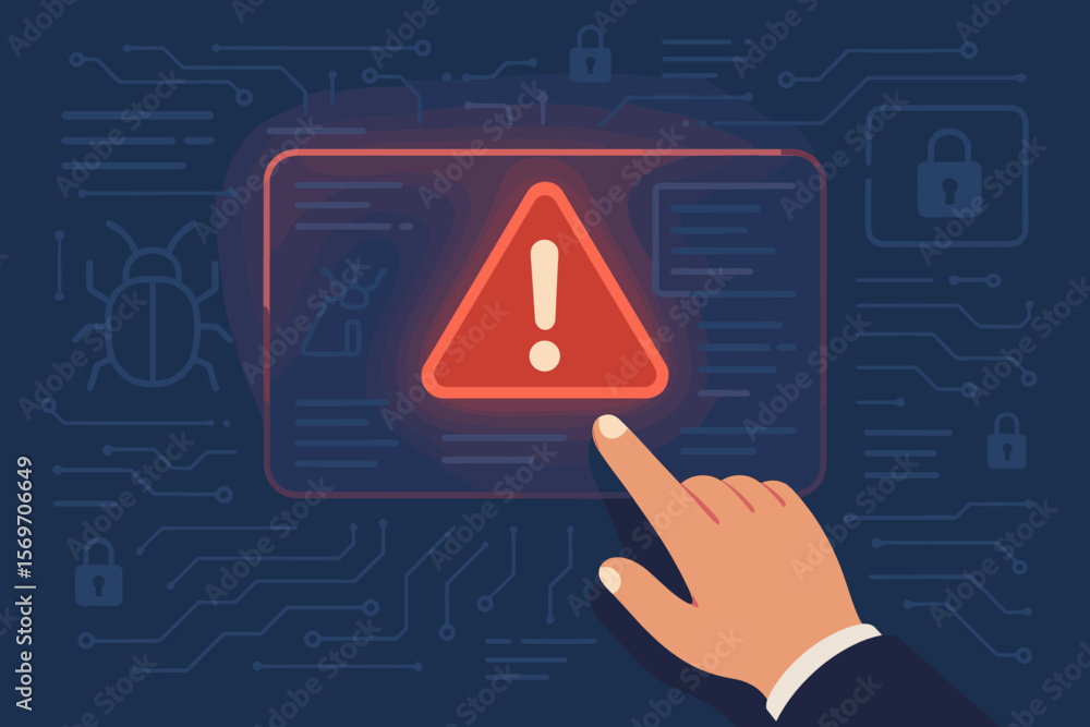 Aufkleber cybersecurity warning alert on digital interface with hand touching exclamation sign, malware virus 