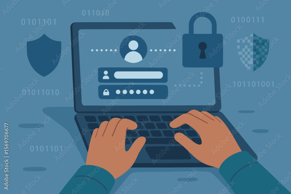 Poster cybersecurity concept with user typing on laptop, secure login interface, password protection, data 