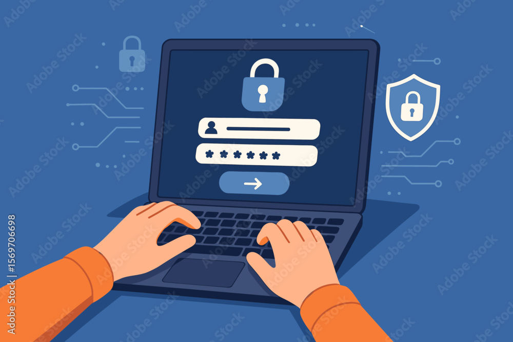 Poster user typing on laptop with secure login interface, cybersecurity concept with username, password pro