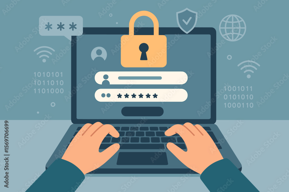 Poster cybersecurity login interface illustration. user typing on laptop with secure password protection, u