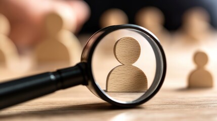 A magnifying glass focusing on a wooden figure of a person on a wooden surface with a blurred background.