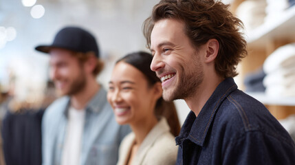 Obraz premium Diverse group of friends laughing together in a bright, modern space. Represents connection, happiness, and community. Ideal for lifestyle, teamwork, and retail concepts.