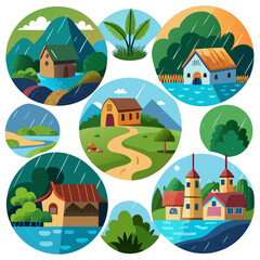 Fototapeta premium Collection of Illustrated Landscapes with Houses and Nature Elements in Circular Frames Depicting Rural Scenes Rainy Weather and Various Architectural Styles Creating a Whimsical and