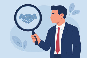 Businessman Analyzing Trustworthy Partnership, Collaboration or Contract with Magnifying Glass, Handshake Icon, Building Confidence, Teamwork, Corporate Trust Concept