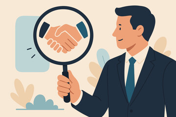 Businessman Analyzing Partnership Trust with Magnifying Glass, Handshake Icon, Corporate Collaboration, Contract Agreement, Confidence, Teamwork, Building Business Relationships