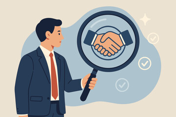 Businessman Holding Magnifying Glass with Handshake Icon, Symbolizing Trust, Partnership, Collaboration, Contract Agreement, Confidence, Teamwork, Business Relationship