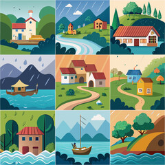 A Collection of Nine Stylized Illustrations Depicting Houses Landscapes and Water Scenes in Various Weather Conditions and Settings Presented in a Grid Format with a