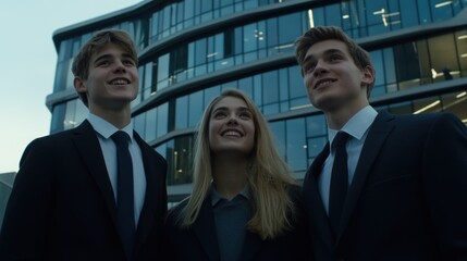 Businesspeople outside modern office building looking up