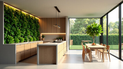 Gourmet Biophilic Kitchen with Herb Wall