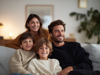 Fototapeta premium A warm family portrait. Parents two sons relax on a sofa, smiling contentedly. Represents togetherness, love, modern family life. Ideal for advertising, lifestyle content.