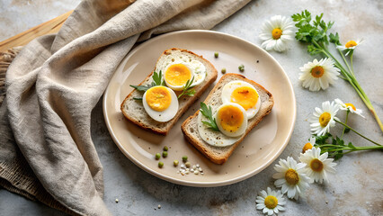 Delicious Egg Salad Sandwiches on Toasted Bread with Daisies