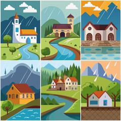 A Collection of Six Stylized Landscape Illustrations Featuring Buildings Rivers and Rain Showcasing Different Architectural Styles and Atmospheric Conditions in a Flat Cartoonish Design cartoon