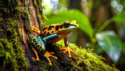 Fototapeta premium Vibrant Tropical Frog Perched on Mossy Tree Trunk in Lush Rainforest Setting