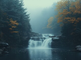 Misty waterfall scene