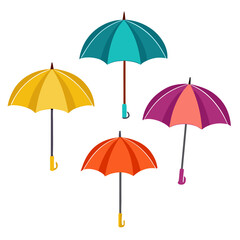 Obraz premium Colorful Umbrellas Illustration A vibrant collection of four umbrellas in yellow teal orange and purple each with a unique handle arranged on a clean white
