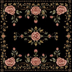 Elegant embroidered rose pattern with gold accents