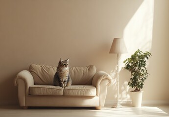 Cozy living room with a cat on a sofa by a lamp and a plant.