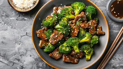 Delicious beef and broccoli stir-fry with savory oyster sauce, garnished with sesame seeds, served with rice.