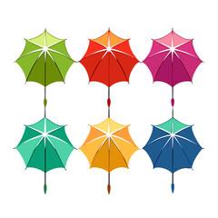 Obraz premium A vibrant collection of six colorful umbrellas each a different hue arranged in a two row grid against a clean white background creating a cheerful