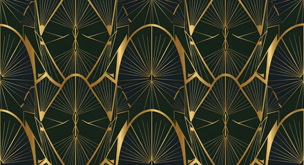 Art Deco Seamless Pattern with Golden Lines on Dark Green