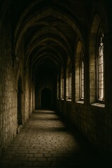 Fototapeta premium Ancient stone corridor monastic architecture