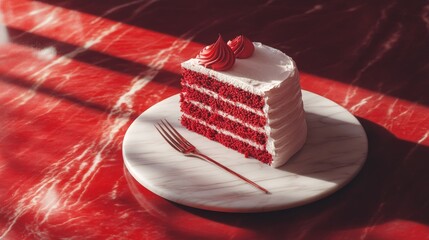 red velvet cake on marble plate in red background