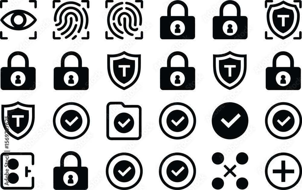 Poster collection of security and verification icons including fingerprint eye lock shield and check mark