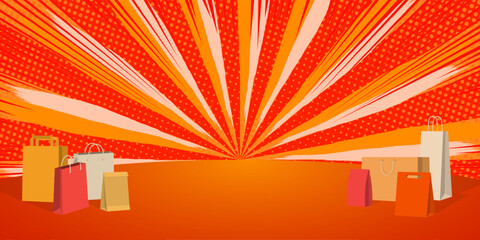 Vibrant shopping bags on an orange backdrop with dynamic lines and dots — perfect for sales, retail ads, or festive promotions.