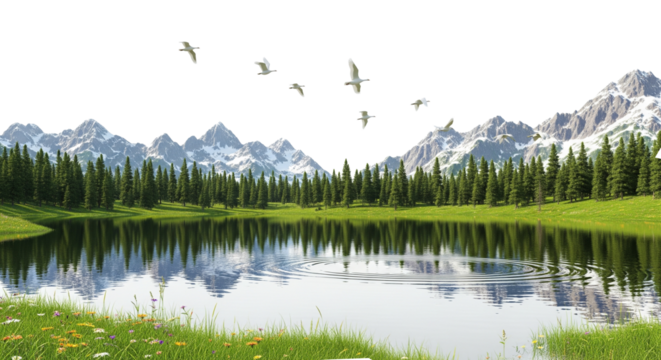 Tranquil Lake with Forest and Snow-Capped Mountains under Clear Sky 