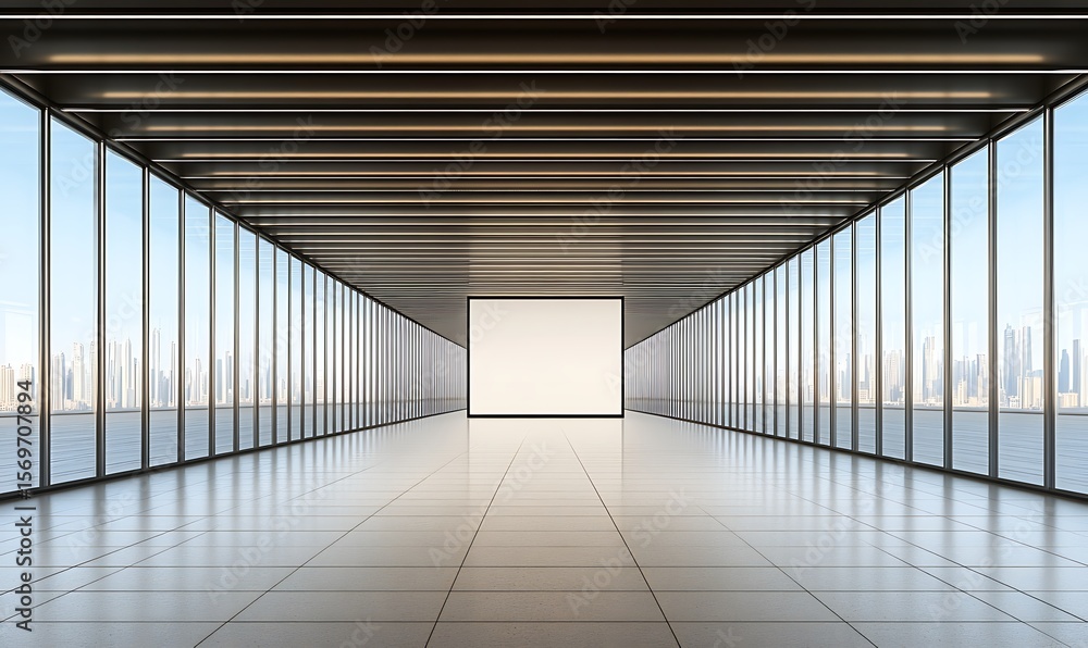 Aufkleber a modern architectural corridor with large windows and a blank display