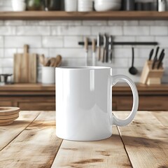White mug with kitchen counter, and morning.