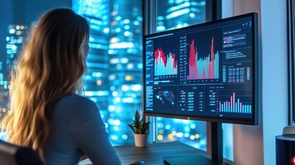 Businesswoman analyzing financial data at night in modern office
