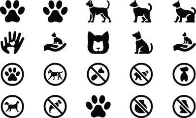 Collection of Black and White Pet Icons for Animal-Friendly Spaces