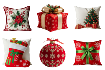 Set of decorative shaped pillows and ornaments with a New Year's theme in red and green colors, Christmas fairy tale