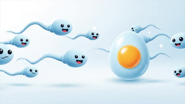 Animated Sperm Cells Approach a Cartoon Egg in a Light Blue Environment, depicting fertility concept with cute, vector illustration style and copy space.
