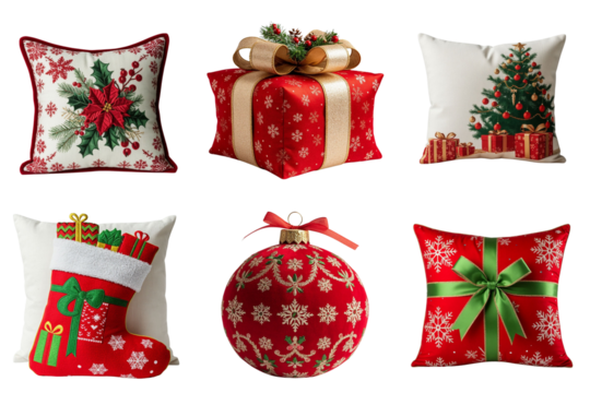 Set of decorative shaped pillows and ornaments with a New Year's theme in red and green colors, Christmas fairy tale