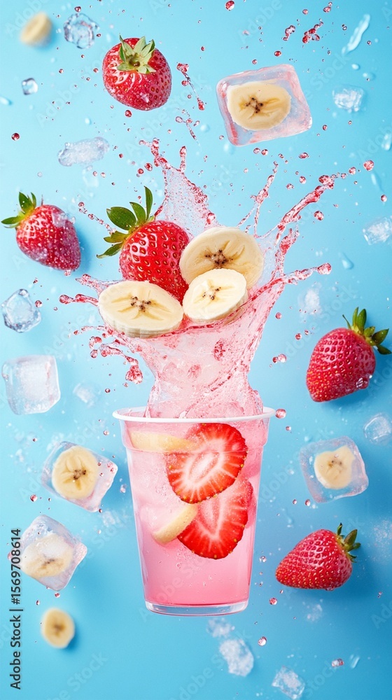 Poster refreshing strawberry banana smoothie bursting with vibrant colors, splashing dynamically against a 