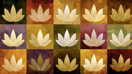 Grid-like arrangement of fifteen square panels featuring stylized lotus symbols in golden-beige hues, with diverse textured backgrounds in green, red, orange, yellow, purple, and brown, 