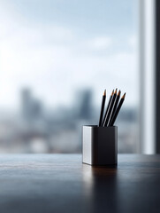 Sleek pencils stand ready in a modern holder, set against a blurred cityscape. Symbolizes creativity, focus, and urban professional life. Ideal for business, design.
