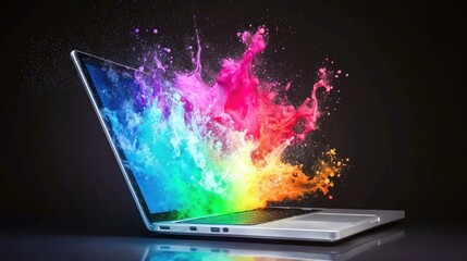 A laptop with colorful splashes on its screen, set against a dark background.