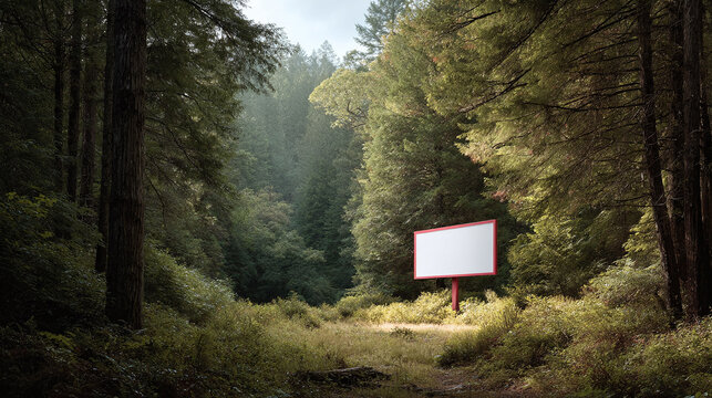 Blank billboard in a serene forest clearing. Ideal for marketing concepts, environmental messages, or announcements in a natural setting. Copy space.