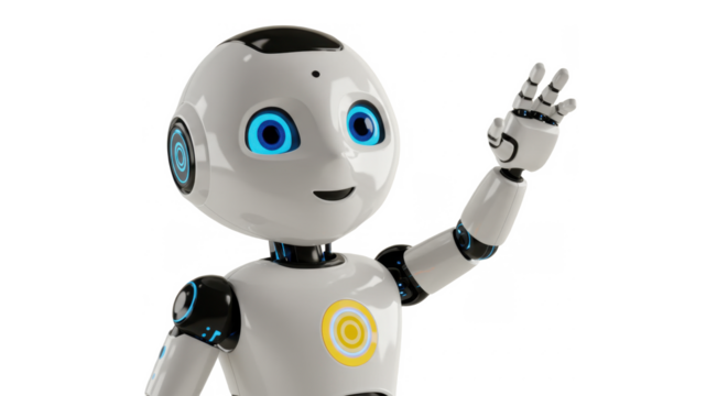 A friendly white robot with blue eyes smiles and waves its hand against a plain white background.