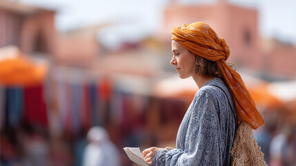 Obraz premium Woman with map in bustling marketplace, embodying adventure. Perfect for travel, exploration, and cultural themes. Evokes discovery, freedom, curiosity.
