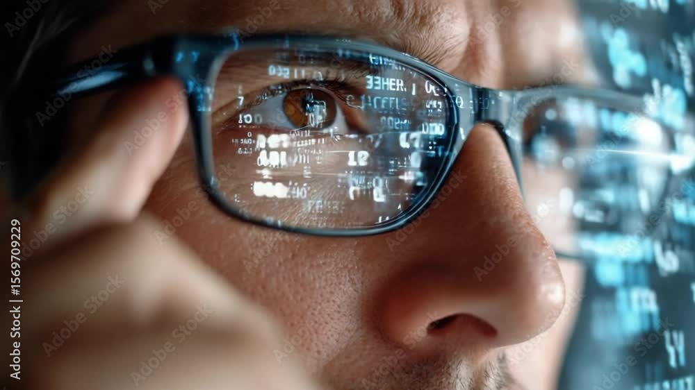 Poster mindful gaze: close-up shot of an individual with eyeglasses, absorbing data stream reflected in the