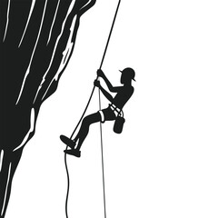 Black Silhouette Climber Rappelling Down Steep Rock Face Extreme Sports Activity Monochrome Illustration